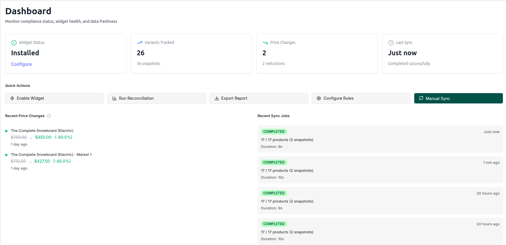 Dashboard preview showing recent price changes and Omnibus price history inside Shopify admin