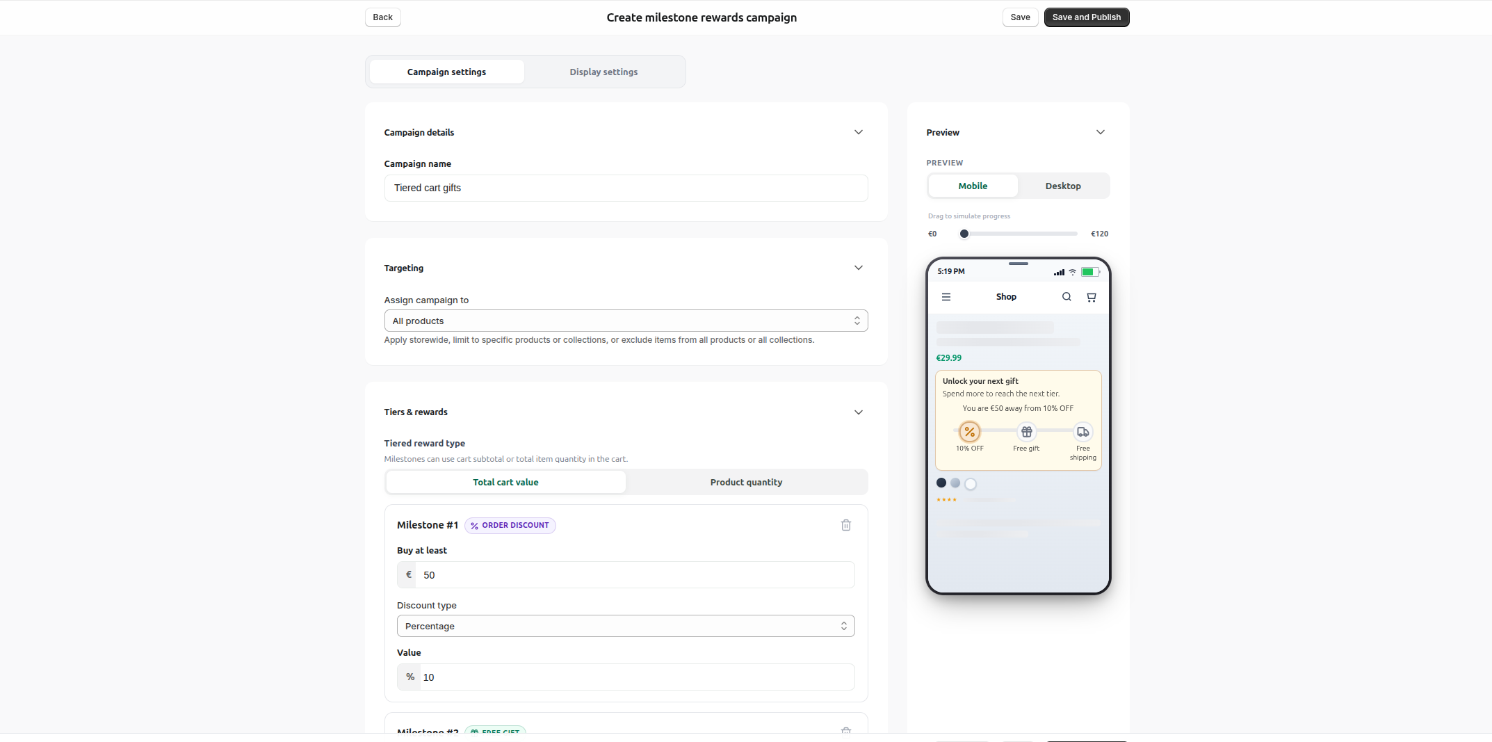 Arki Upsell milestone rewards editor with cart‑value tiers, order discount settings, and a mobile storefront preview of progress toward the next reward