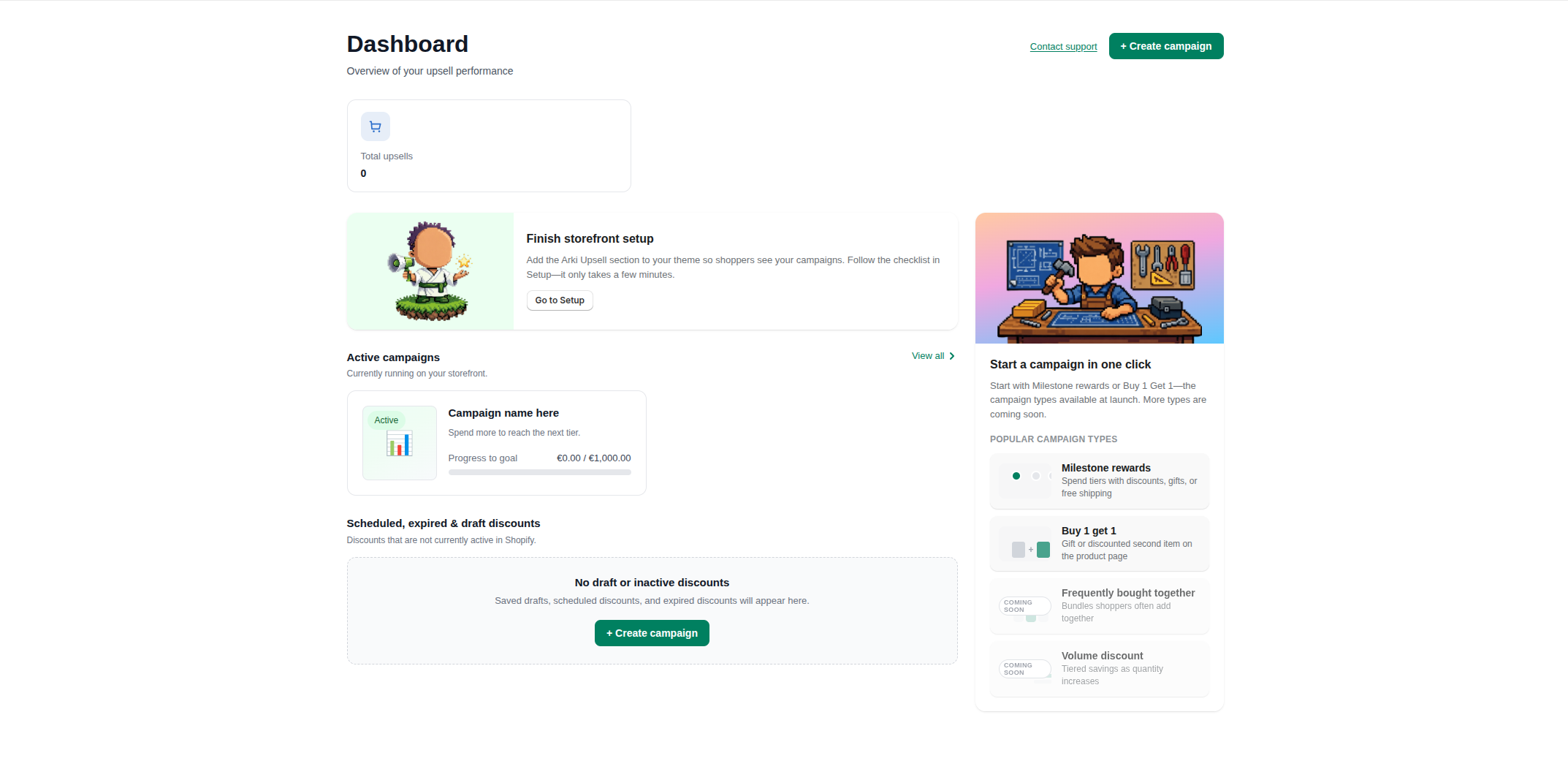 Arki Upsell dashboard showing total upsells, a finish storefront setup banner, an active milestone campaign card, and a sidebar listing Milestone rewards and Buy 1 Get 1 at launch with other types coming soon