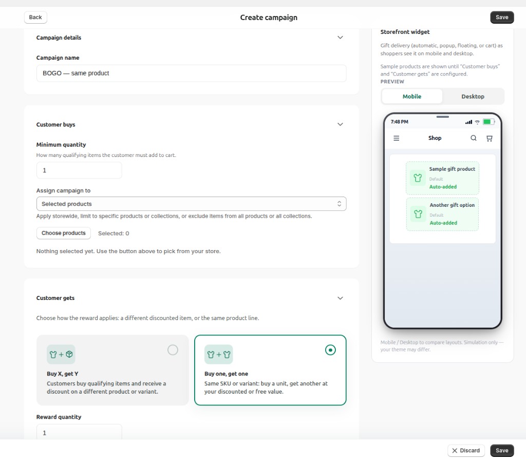 Arki Upsell campaign editor for buy one get one with customer buys, customer gets, and mobile storefront widget preview