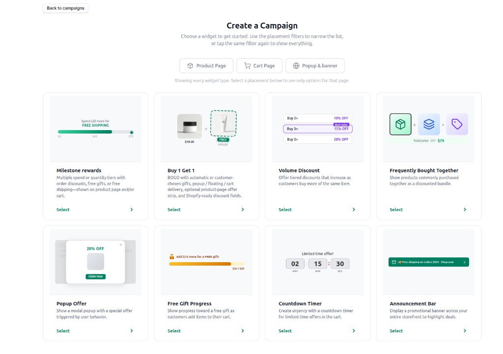 Arki Upsell “Create a Campaign” screen showing campaign type cards: milestone rewards, buy 1 get 1, volume discount, frequently bought together, popup offer, free gift progress, countdown timer, and announcement bar