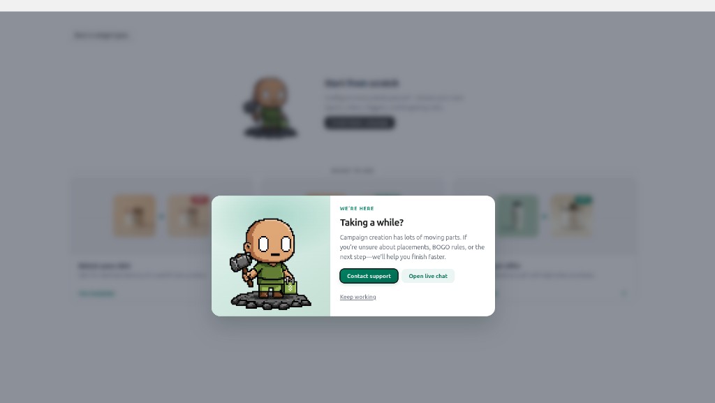 Arki Upsell support modal offering contact support, open live chat, or keep working